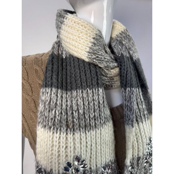Charming Charlie Gray & Ivory Striped Knit Scarf W/ Rhinestone Embellishments & - Picture 7 of 12